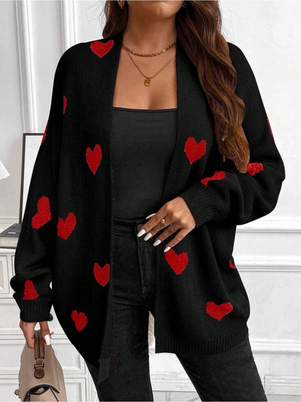 SHEINCurve Black Open-Front Cardigan with Red Heart Motif - Picture 3 of 7